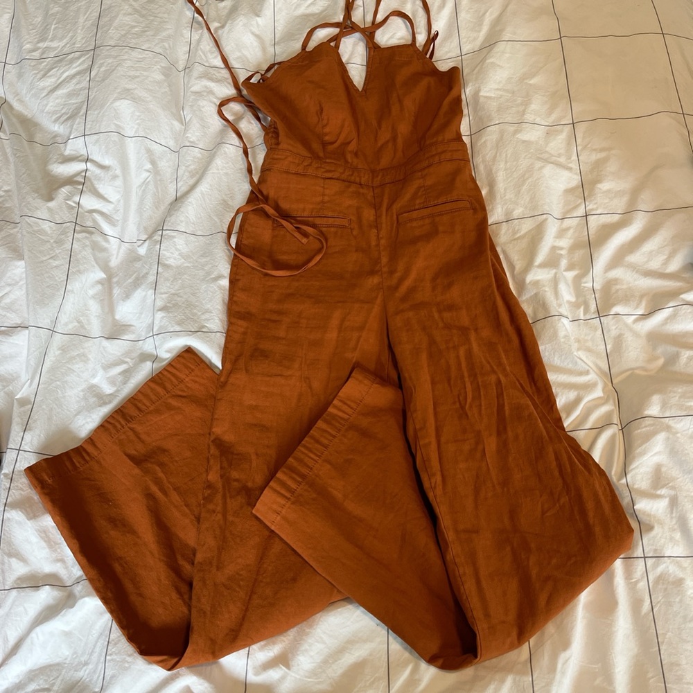 Brown Wide-Leg Jumpsuit with Cinched Waist